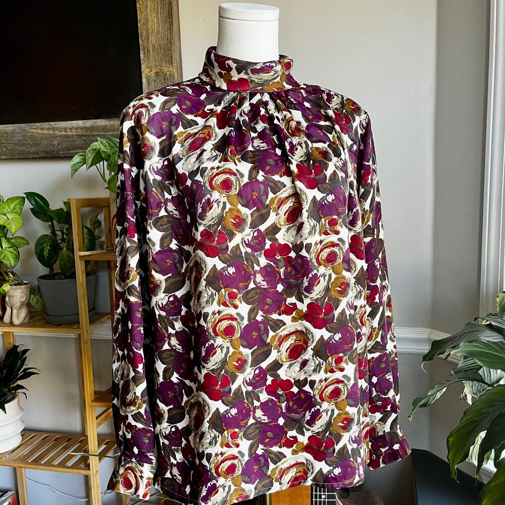 Vintage 80s Floral Secretary Blouse Jewel Tone Pleated Mockneck Size Large